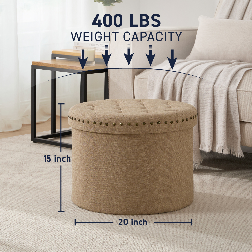 Ornavo Home Décor Large 20" Round Collapsible Ottoman with Storage with Nailhead Trim for Living Room and Bedroom - Linen Tan/Taupe