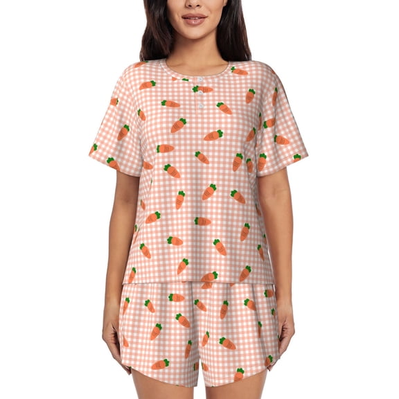 Hirioo orange carrot on a gingham for Women's 2 Piece Short-Sleeved Pajama PJ Sets for Women Shorts with Pockets Womens Lounge Set-4X-Large