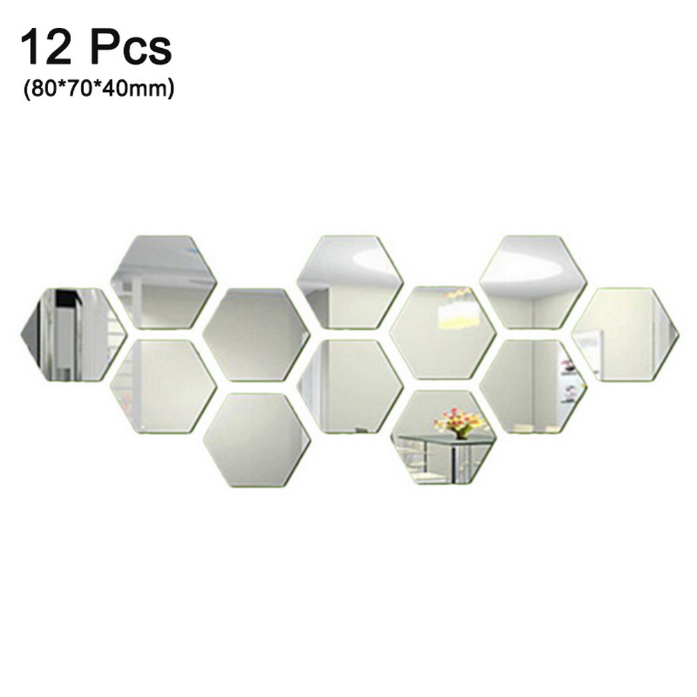 12 Pieces Removable Acrylic Mirror Setting Wall Sticker Decal Hexagons Mirrors Tile Sticker