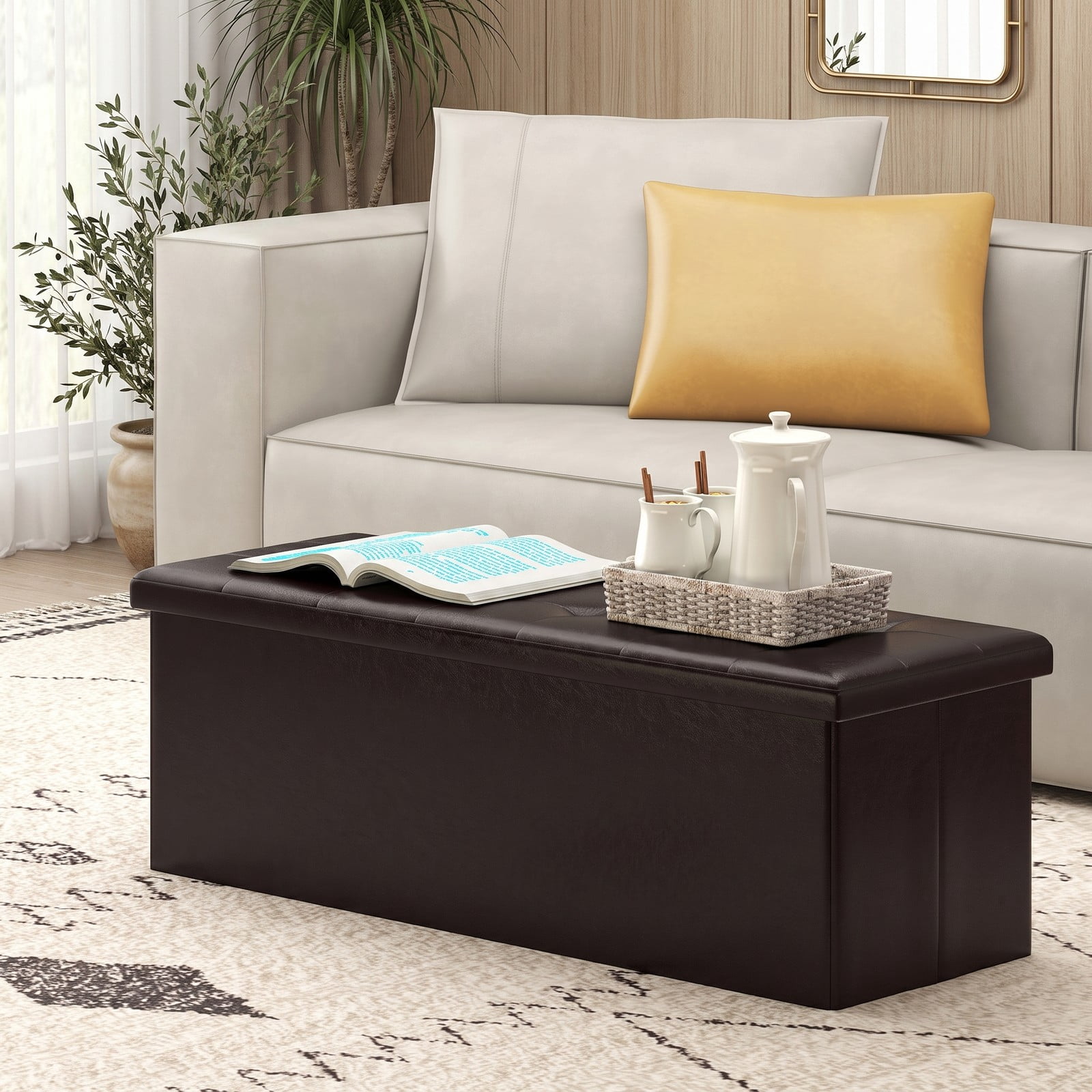Furnibear 43 Inch Folding PU Leather Storage Ottoman Bench with Divider and Side Pocket for Living Room, Bedroom and Entryway, Brown