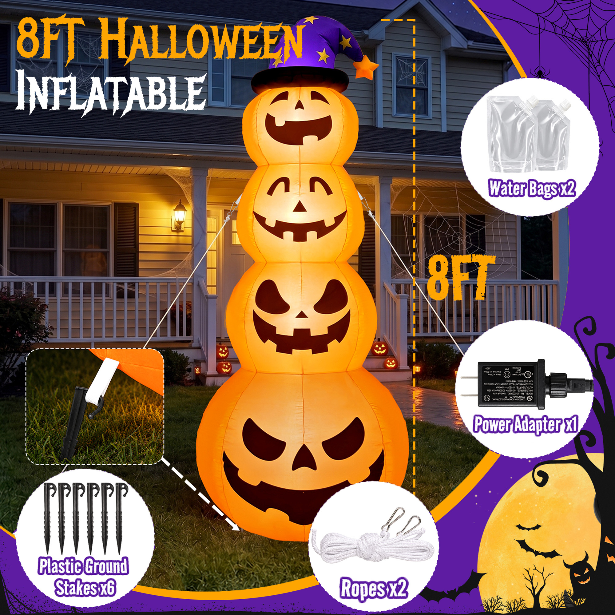 Qunler 8 Ft Halloween Pumpkin Stack Inflatable with Witch Hat photo 4