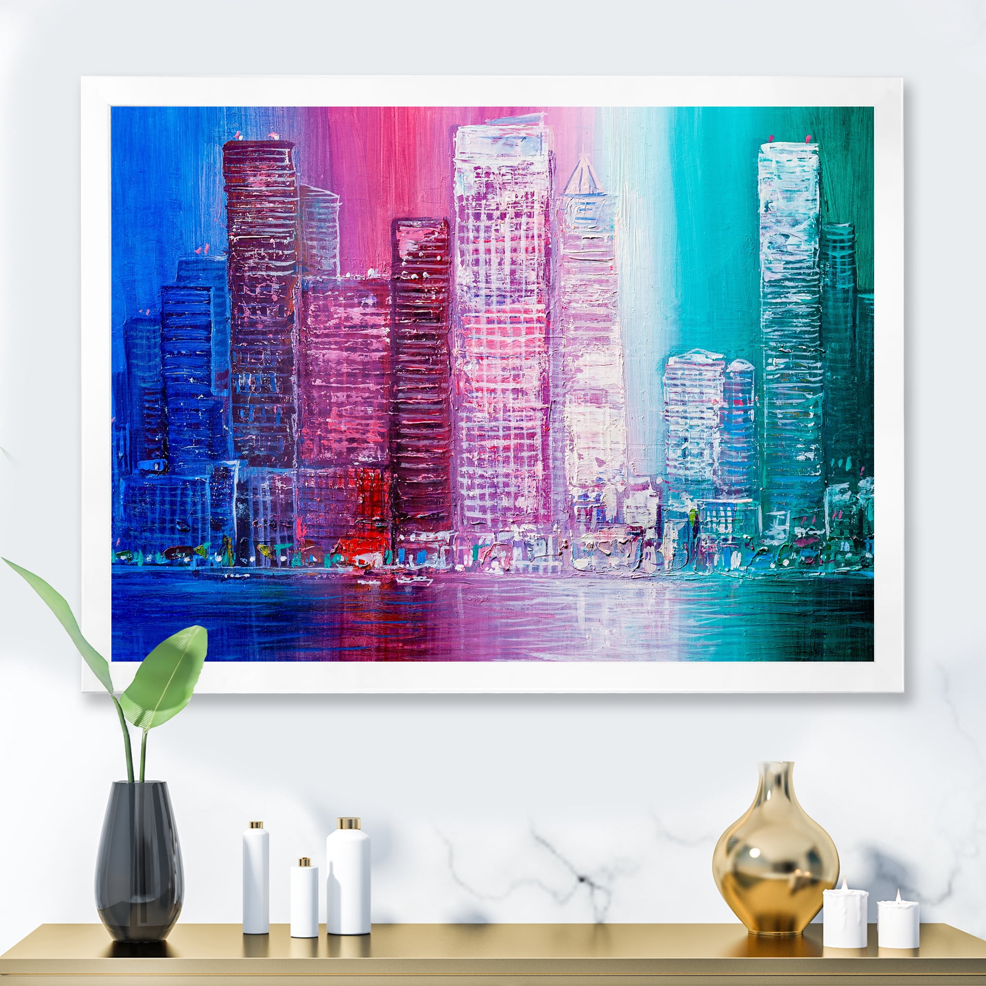 Designart 'Abstract Style Cityscape Panorama Skyscrapers II' Modern Framed Art Print