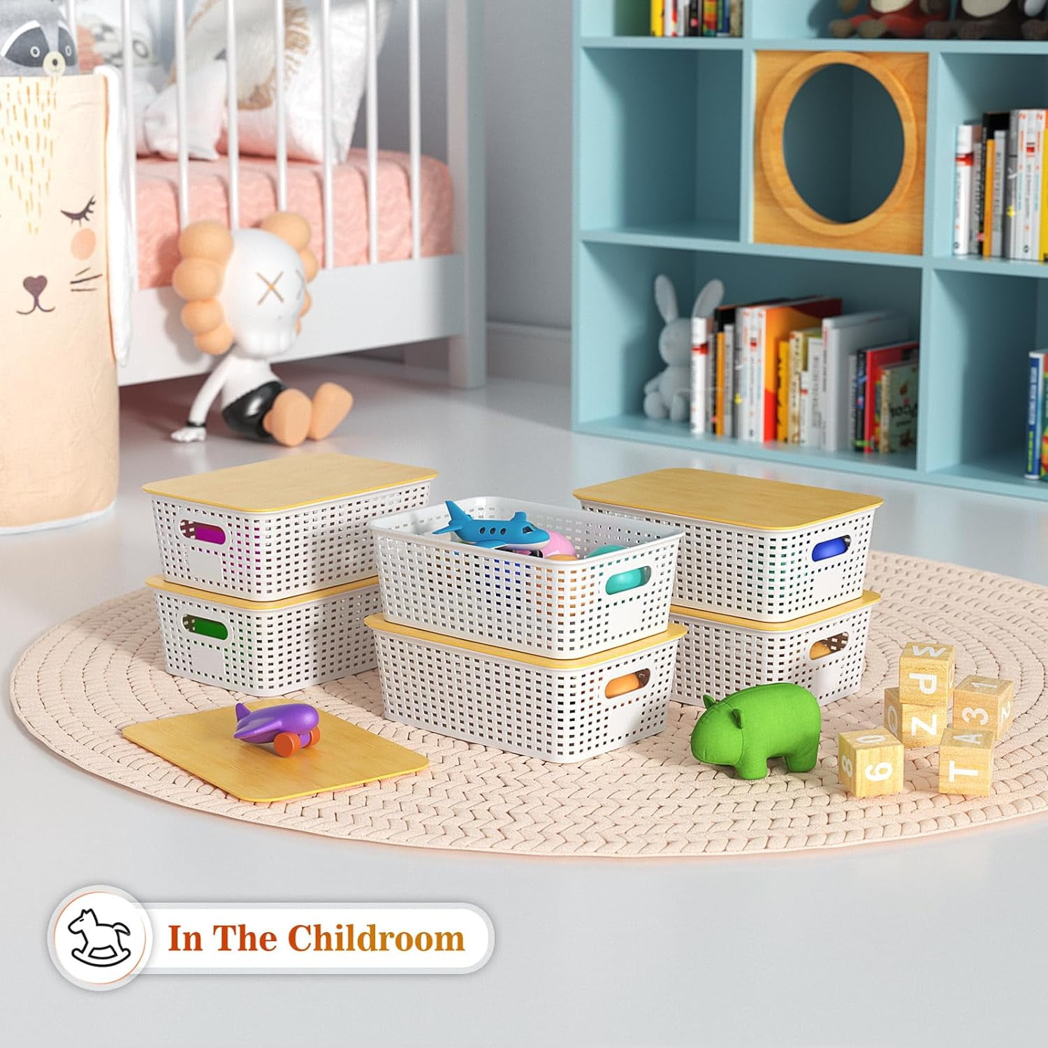 HBlife Plastic Storage Baskets With Bamboo Lids, 6 Pack Storage Containers Stackable Storage bins, Storage Baskets for Organizing Shelves Drawers Desktop Closet Playroom Classroom Office, White
