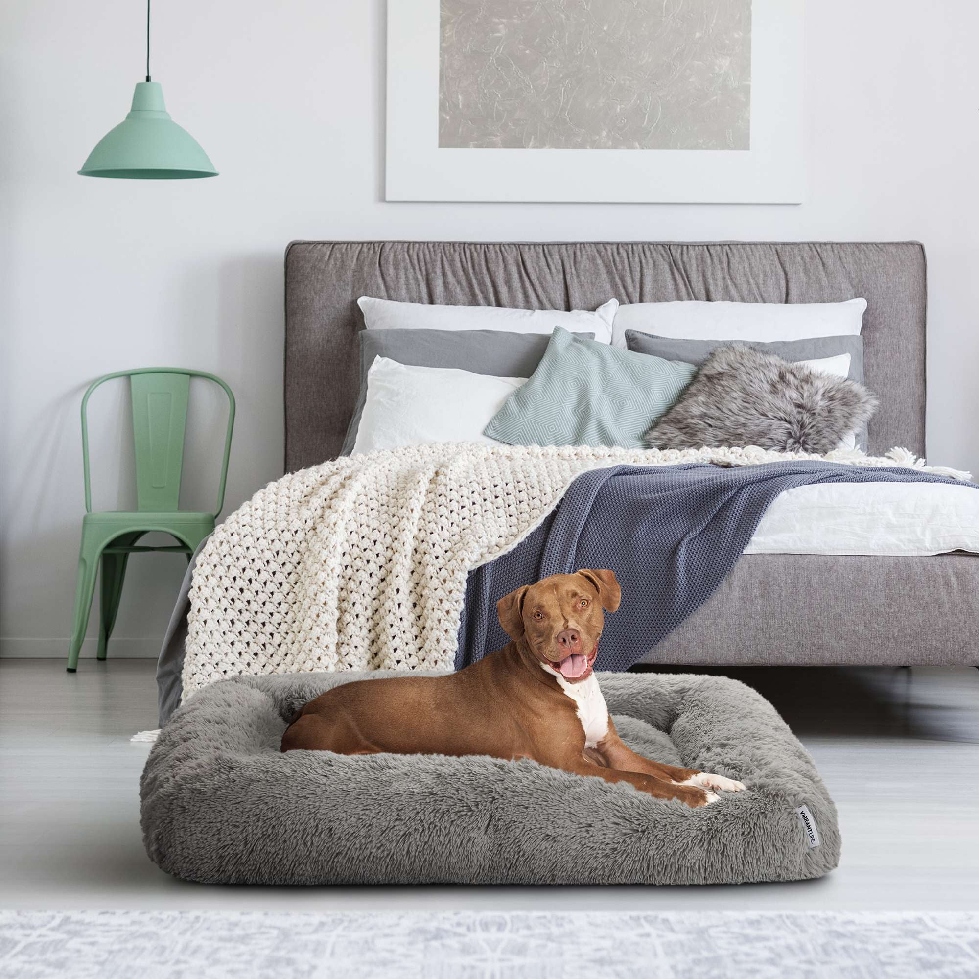 Vibrant Life Furry Cozy Bolster Pillow Dog Bed, Large Breeds, Extra Large, Quiet Grey 42" x 32"