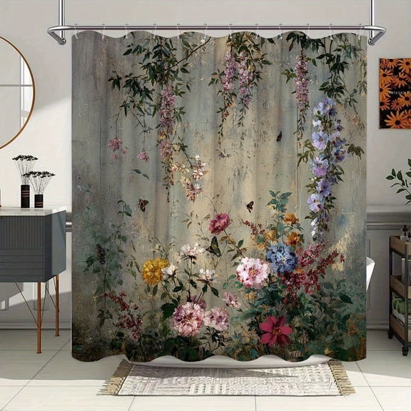 Vintage Distressed Wall Colorful Climbing Wisteria Wild Floral Butterfly Oil Painting Shower Curtain with Hooks, Bathroom Decor