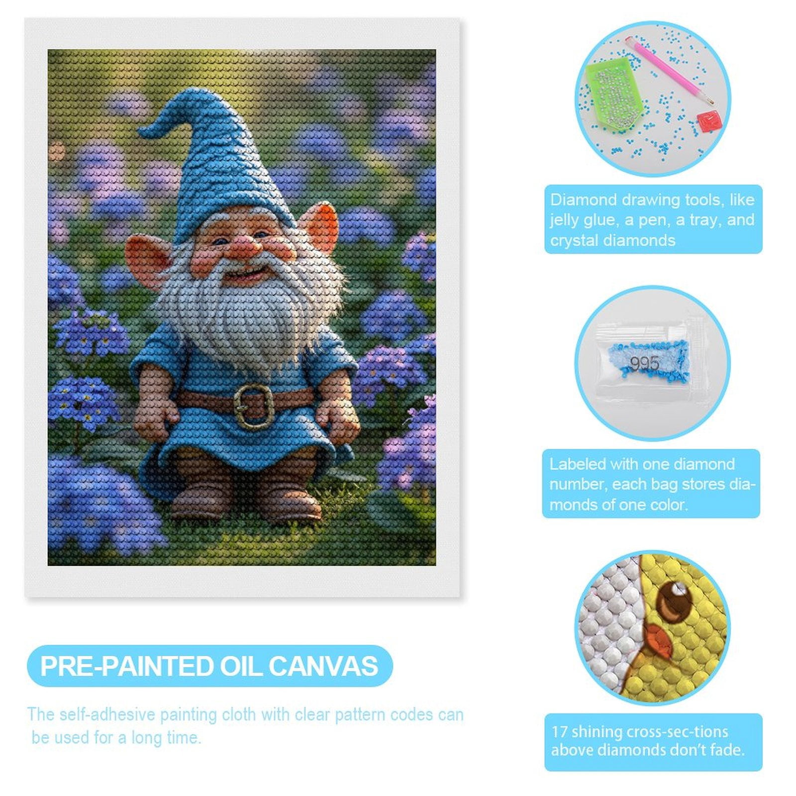 Diamond Art Kits for Adults, Gnome In Blue With Flowers 5D Diamond Painting Kits for Adults Beginners, DIY Full Drill Diamond Painting, Gem Art and Crafts 12x16