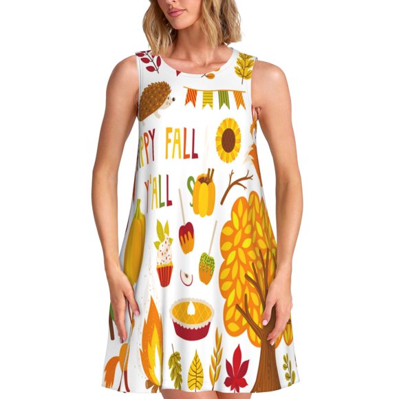 Bixox HAPPY FALL Y'ALL Print Women's Sleeveless A-Line Dress with Pockets, Casual Knee-Length Tank Dress for Summer-Large