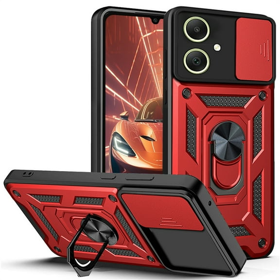 CCSmaller for Samsung Galaxy A05 Case with Slide Camera Cover for Men, Military Grade Drop Phone Cover Case with Rotate Ring Kickstand for Samsung Galaxy A05 SJ Red