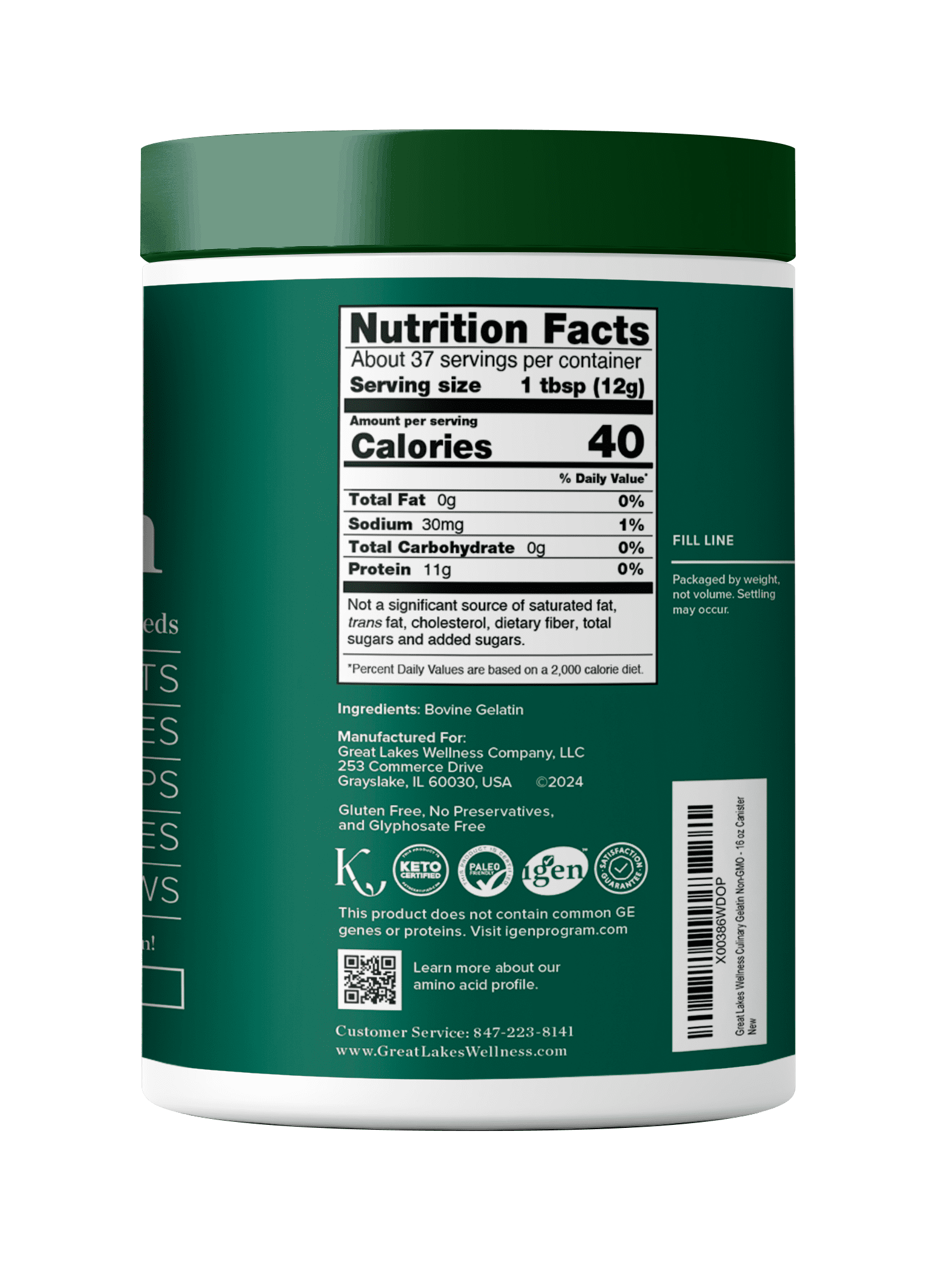 Great Lakes Wellness Culinary Beef Gelatin Powder, Unflavored, 16 oz
