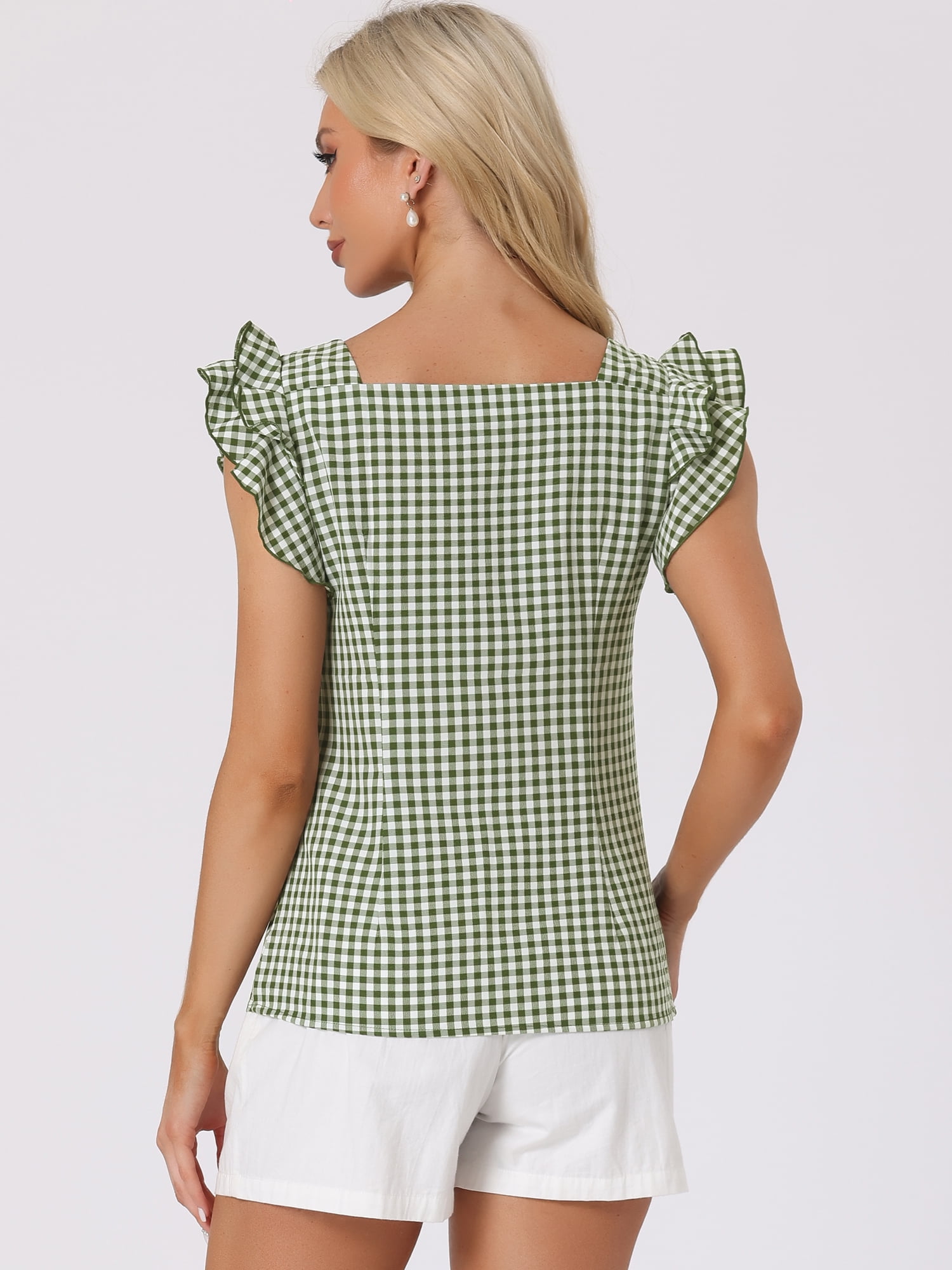 DARING DIVA Square Neck Ruffle Sleeve Blouse S Dark Green