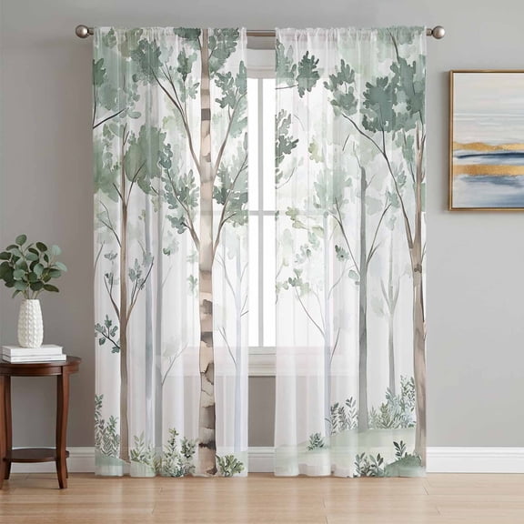 Watercolor Forest Green Sheer Curtains 72 Inch Length 2 Panels Set, Vintage Branches Leaves Voile Window Treatment Rod Pocket Curtains Sheers Drapes for Bedroom/Living Room/Kitchen 52"x72"x2
