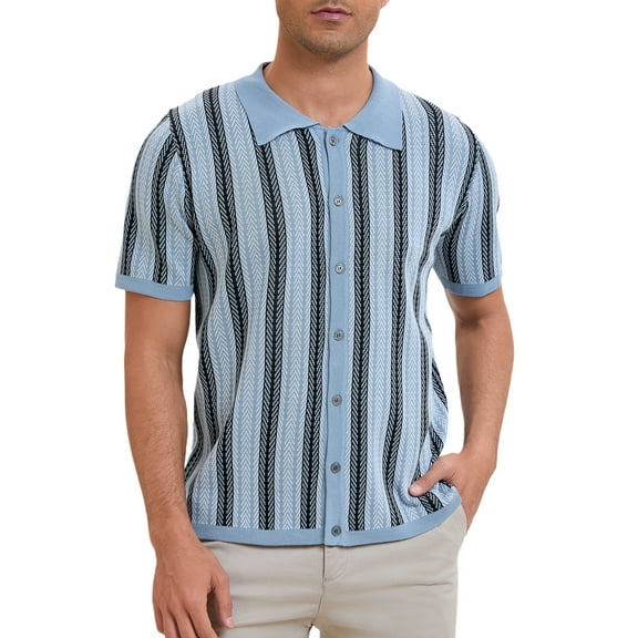 INSPIRE CHIC Striped Knitted Polo for Men's Summer Short Sleeves Button Down Jacquard Polo Shirts M Light Blue