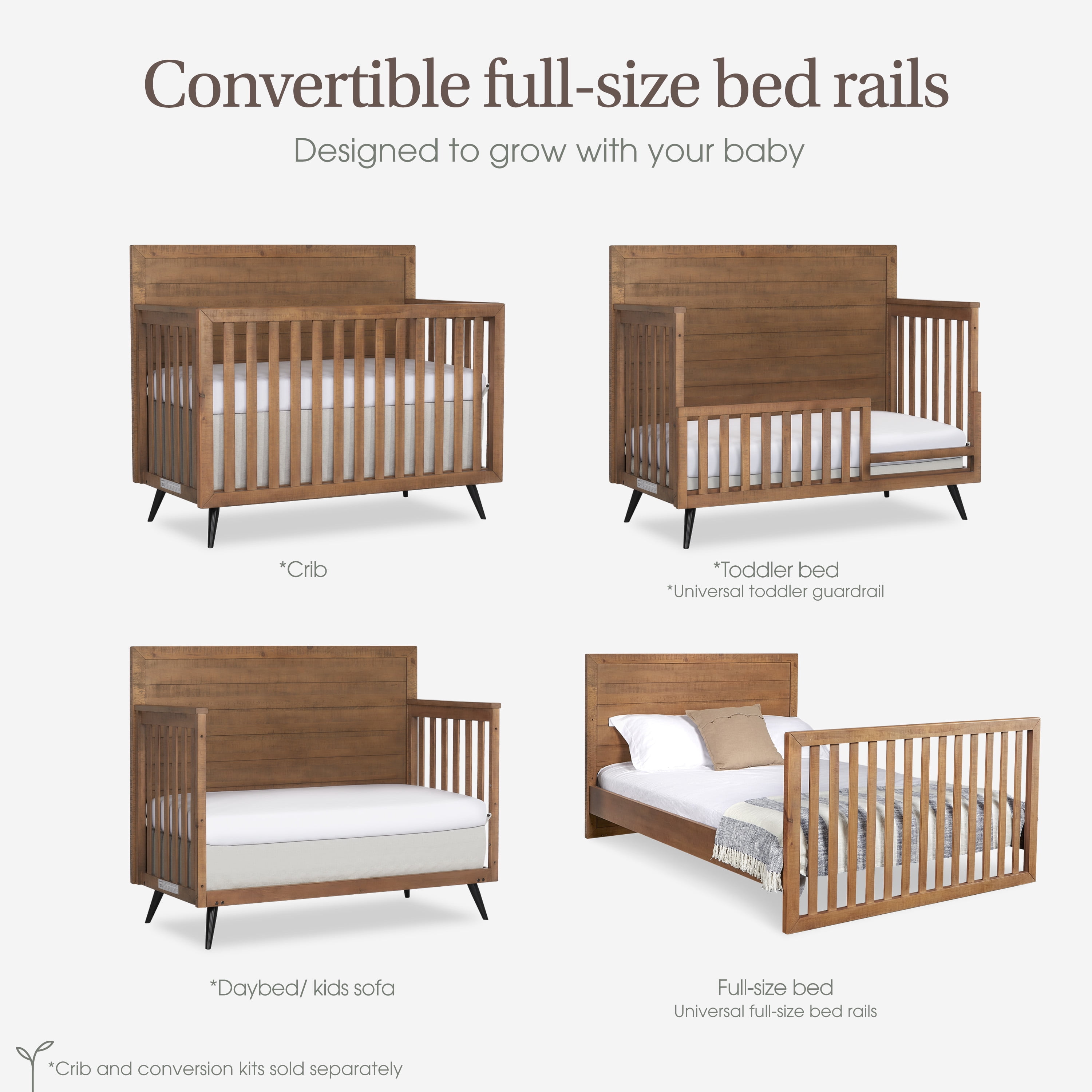 evolur Convertible Crib Wooden Full Size Bed Rail, Sugar Cane