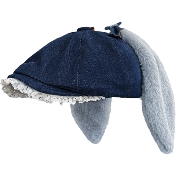 Lace Trim Bowknot Newsboys Hat Plush Bunny Hat Funny Floppy Ear Hat Flat Hat Women Painters Hat