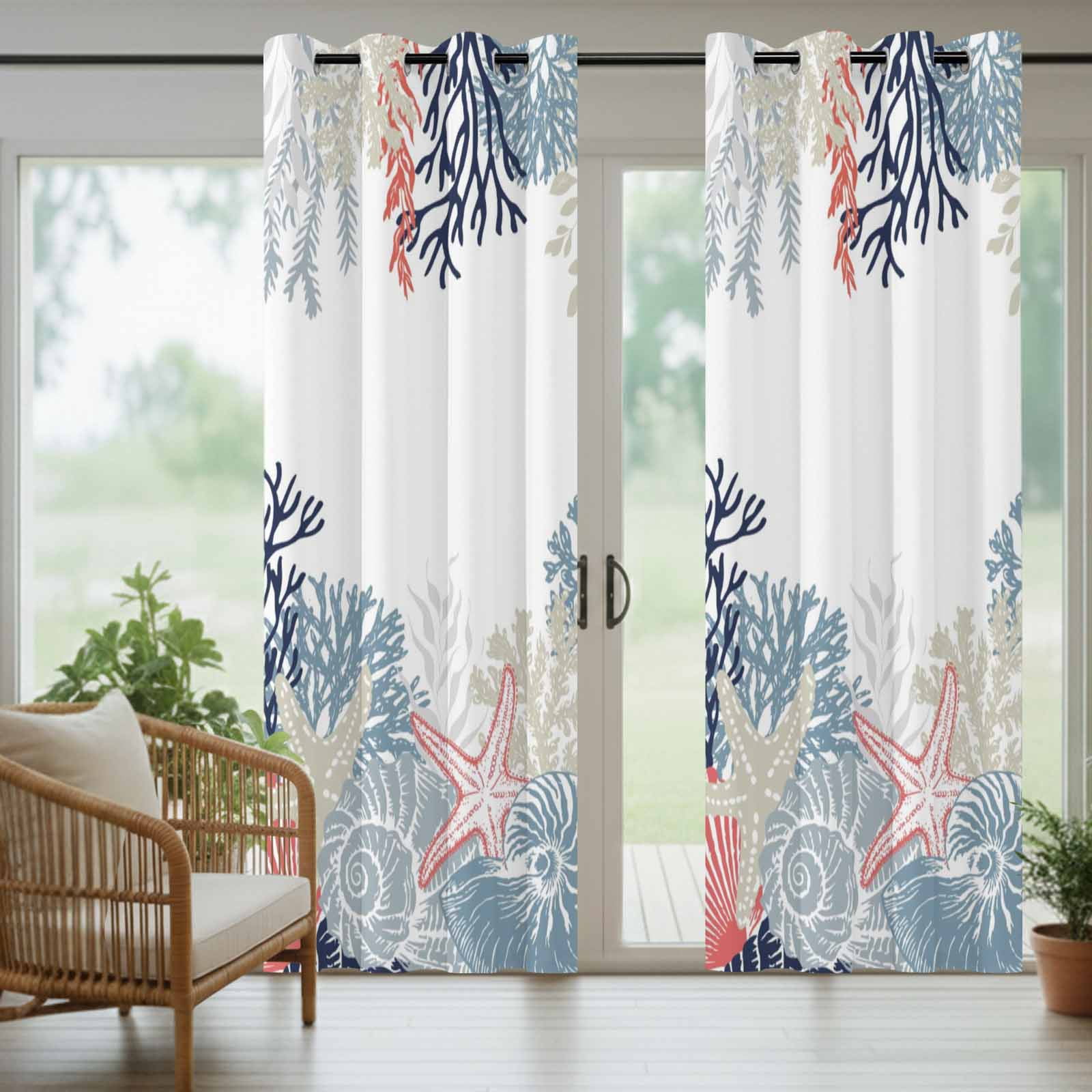 Summer Marine Life Outdoor Curtains for Patio, Ocean Corals Coastal Starfish Blue Conch Sunshade Privacy Drapes Grommet Waterproof Outside Curtains for Porch/Cabana/Balcony 54"x 108", 1 Panel