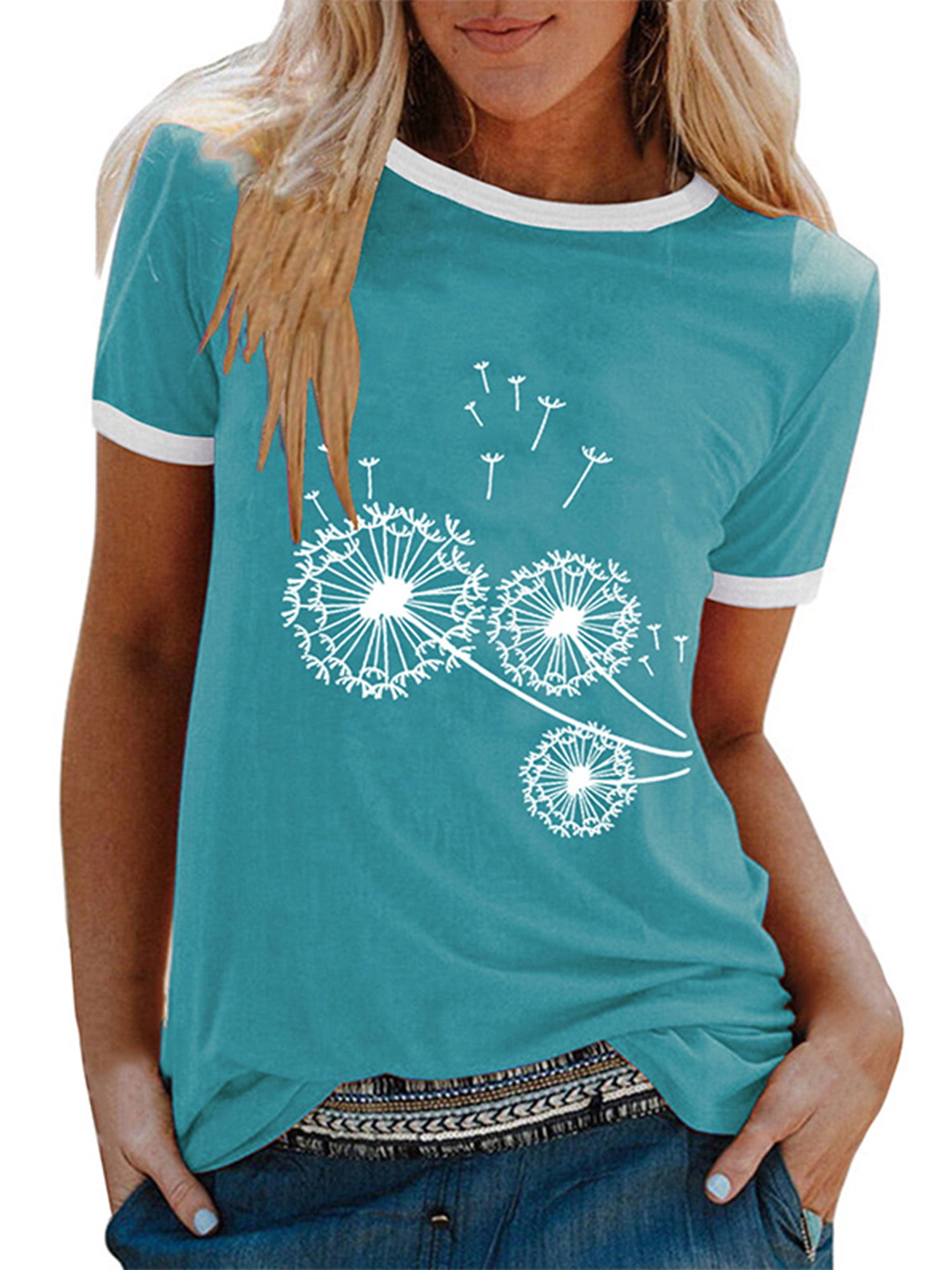 Graphic Dandelion Print T Shirt for Womens Summer Casual Beach Tunic