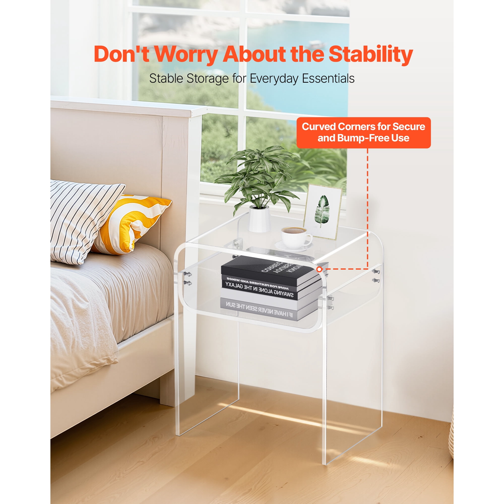 KFFKFF Acrylic Side Table, 2-Tier Clear Bedside Table with Storage Shelf, Modern Rectangular Transparent End Table, Thick Nightstand for Bedroom, Living Room, or Study, 11.8 x 15.7 x 19.7 in