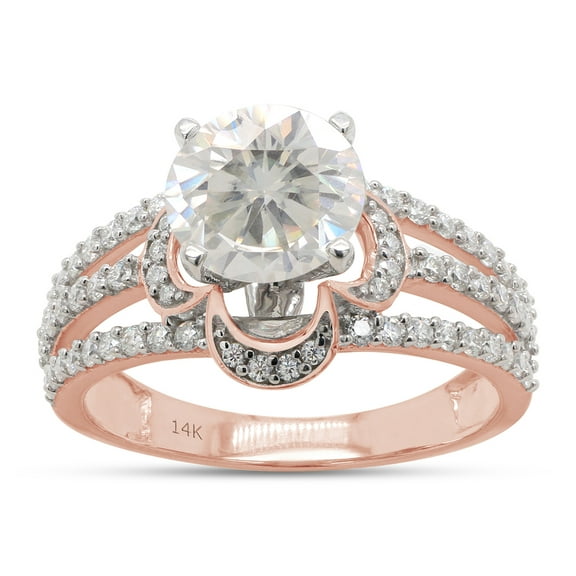 2 Carat Center 6.5MM Round Cut Lab Created Moissanite Diamond Halo Engagement Split Shank Promise Ring For Women 14K Solid Rose Gold (G-H Color, VVS1 Clarity, 2 Cttw)-4