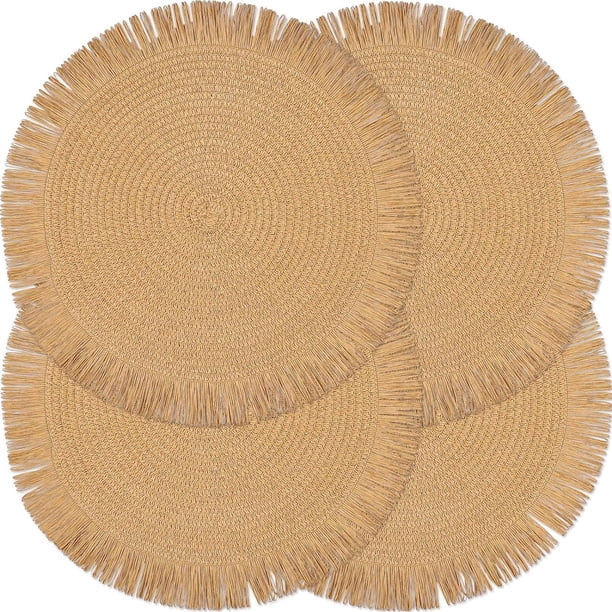 Juego de 4 manteles individuales redondos de papel tejido trenzados de 15 pulgadas para interiores y exteriores, para mesas de comedor, granja rústica (marrón, 4)