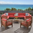 thumbnail image 3 of GDF Studio Cascada Outdoor Acacia Wood 11 Seater Sectional Sofa and Club Chair Chat Set with Cushions, Teak and Red, 3 of 14