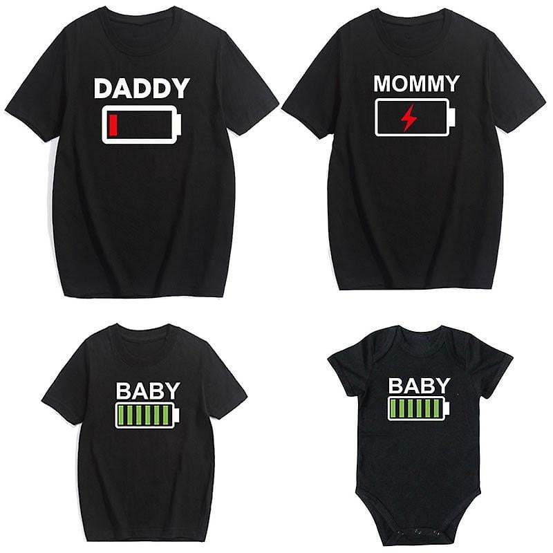 Youyo Family Matching Clothes Look Matching Outfit Funny Battery Clothes Dad Mom Boy Girl T Shirt For Daddy Mommy Me Baby Boy Girl 1pc