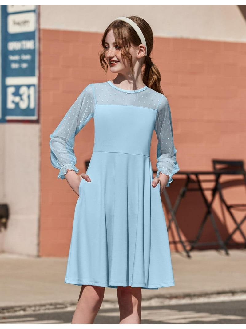 Oudiya, Girls Mesh Dress, High Waist Light Blue, 6-13 Years - Walmart.com