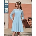thumbnail image 2 of Oudiya Girls Mesh Puff Lantern Long Sleeve High Waist Formal A Line Light Blue Dress with Pockets for Kids 6-13 Years, 2 of 8