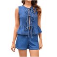 thumbnail image 2 of Women's Summer 2 Piece Outfits Sleeveless Matching Sets Button Down V Neck Vest Waistcoat and Pockets Shorts Blue L, 2 of 6