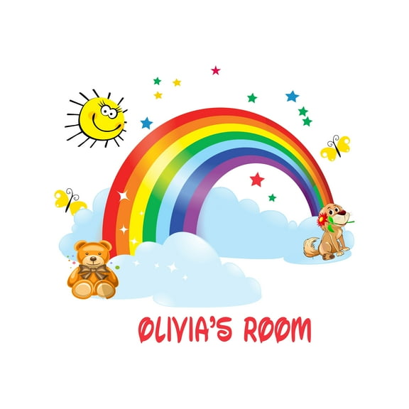 Personalized Name Day Care Wall Decal Rainbow in the Cloud with Dog and Teddy Custom Name Bedroom Wall Decal for boys and girls Rainbow Themed Kids Room Décor - Size: 20 In x 18 In