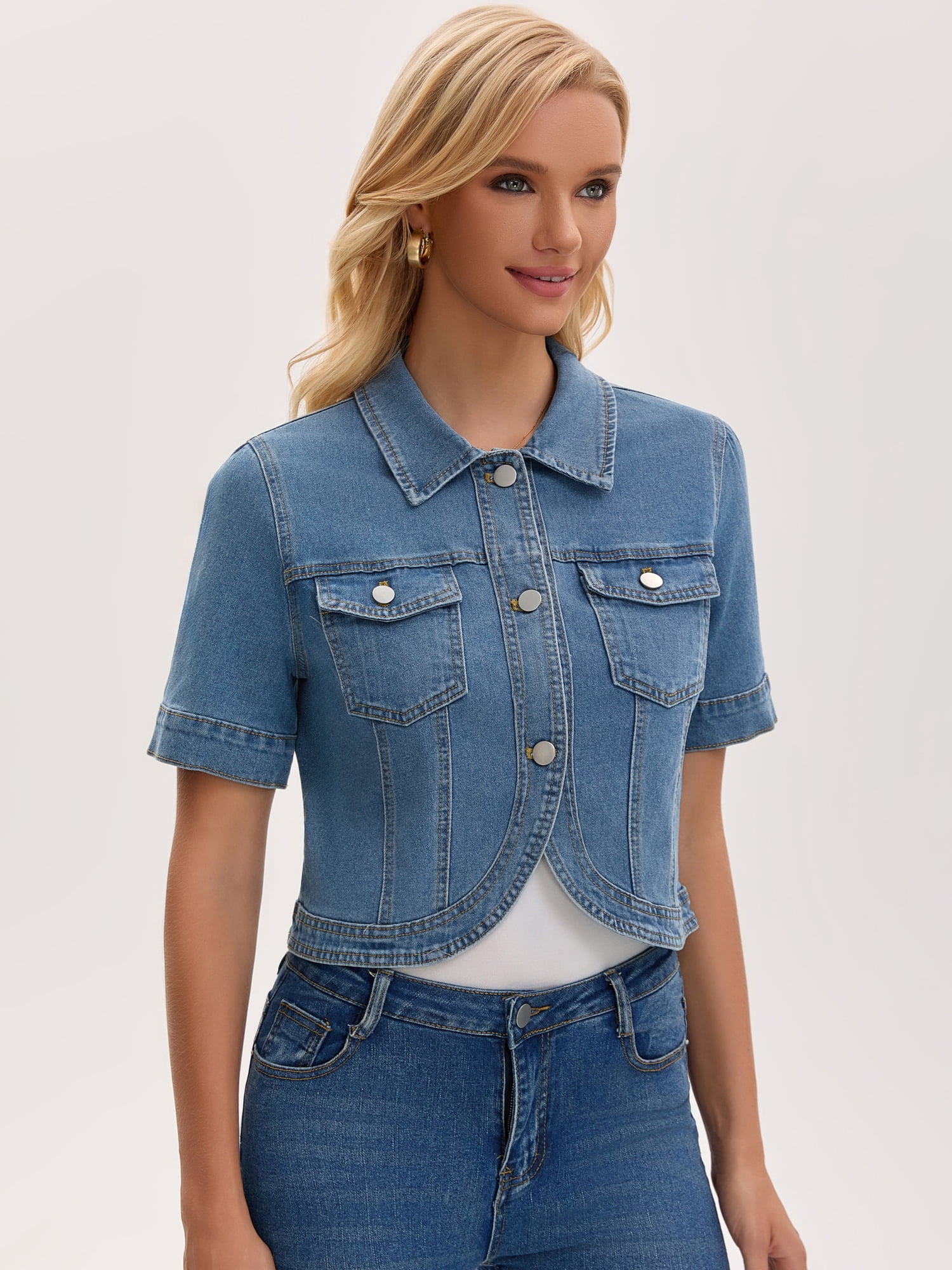DARING DIVA Women's Short Sleeve Button Down Denim Jackets with Pockets L Light Blue