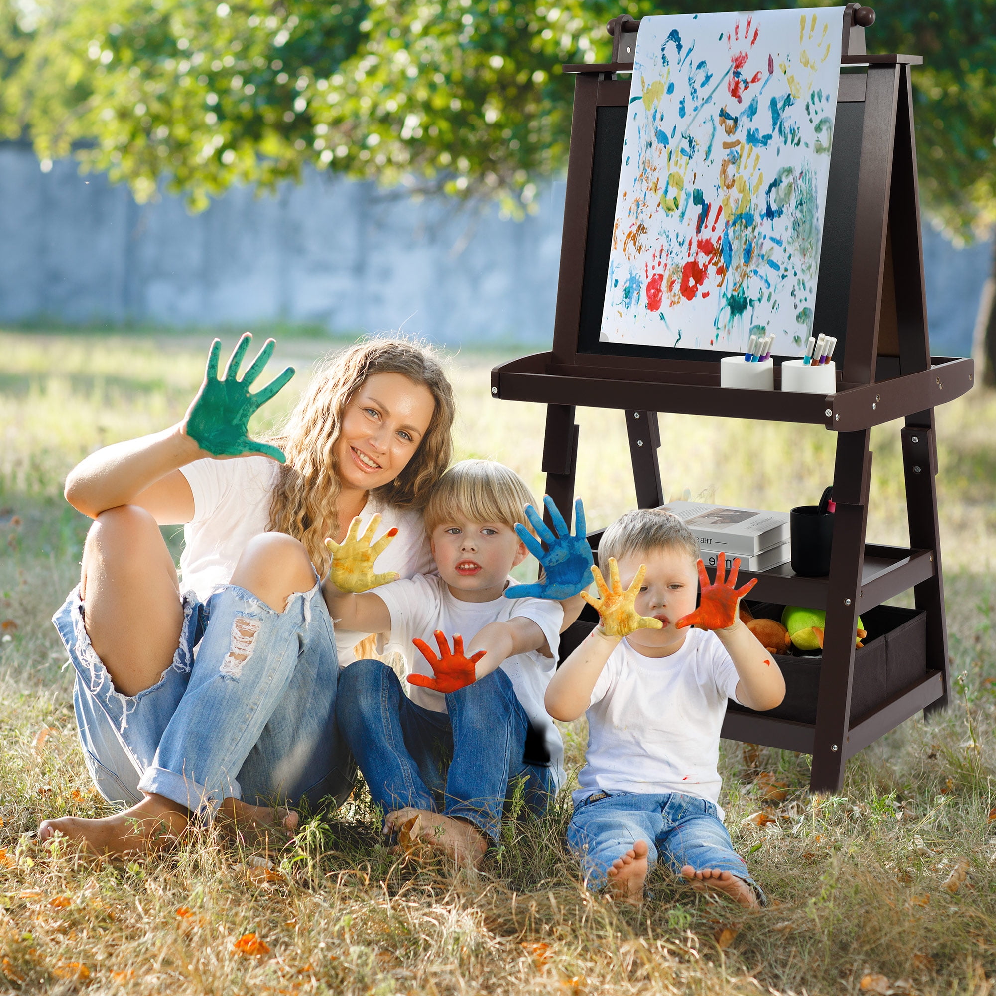 BalanceFrom 3 in 1 Kid Art Easel, Double-Sided Wooden Easel Chalkboard, Magnetic Whiteboard & Paper Roll, Standing Easel w/ 2-Tier Rack & 2 Storage Boxes, Children Easel for Kid, Boys, Girls, Coffee