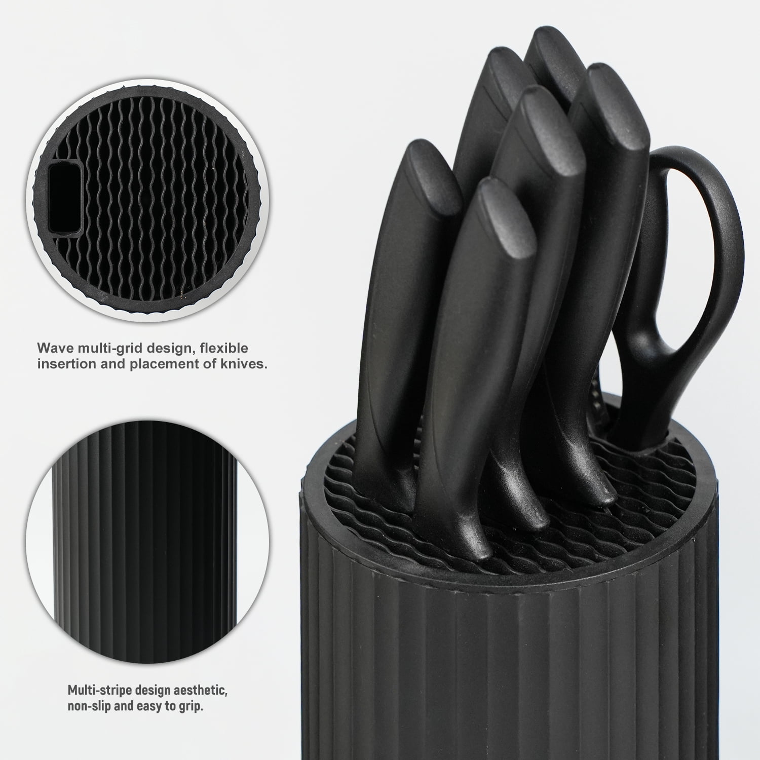 NULAS  8-Piece Kitchen Knife Set with Block for Chef, Stainless Steel Sharp Knives, Anti-Rust, Ergonomic Handle - Black