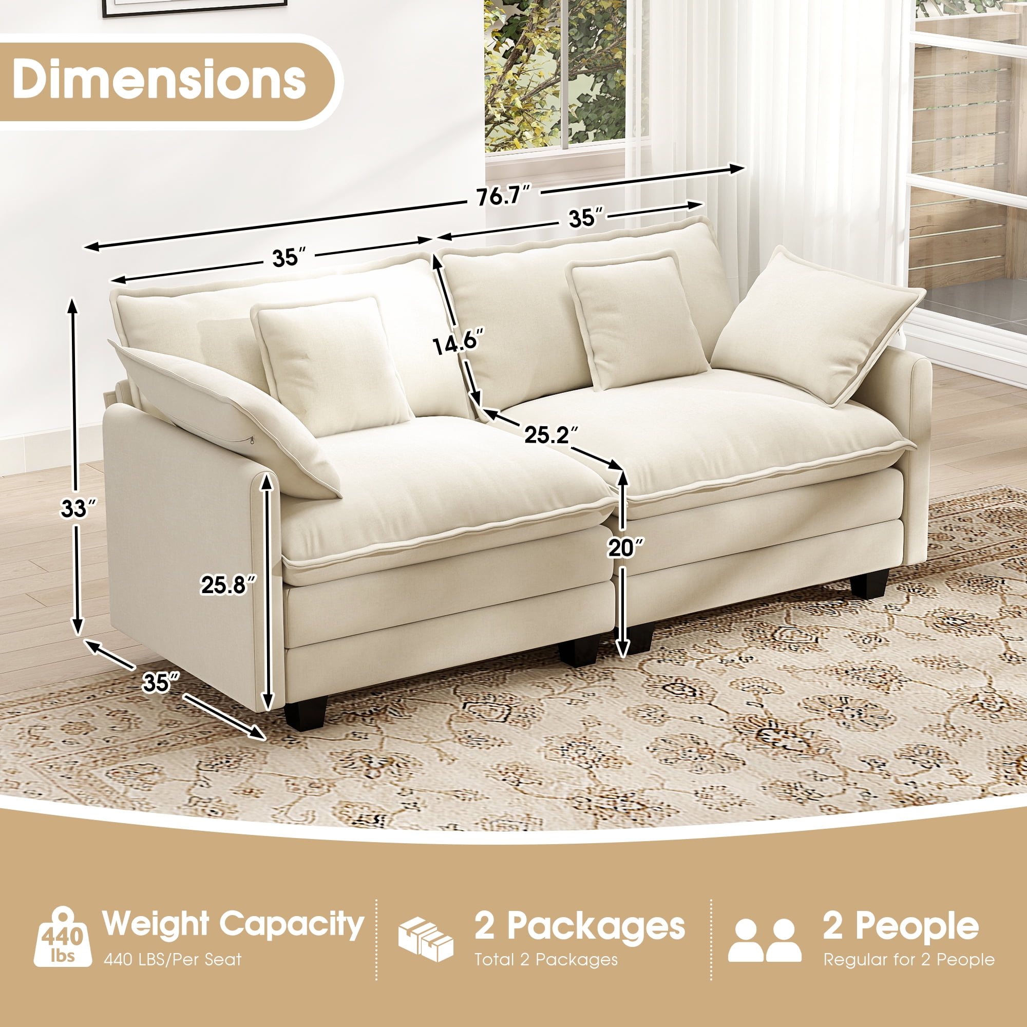 BedLuxury 76.7'' Loveseat Sofa, Modern Chenille Sectional Sofa Cloud Couch for Living Room, Apartment, Office, 2-Seat, Beige