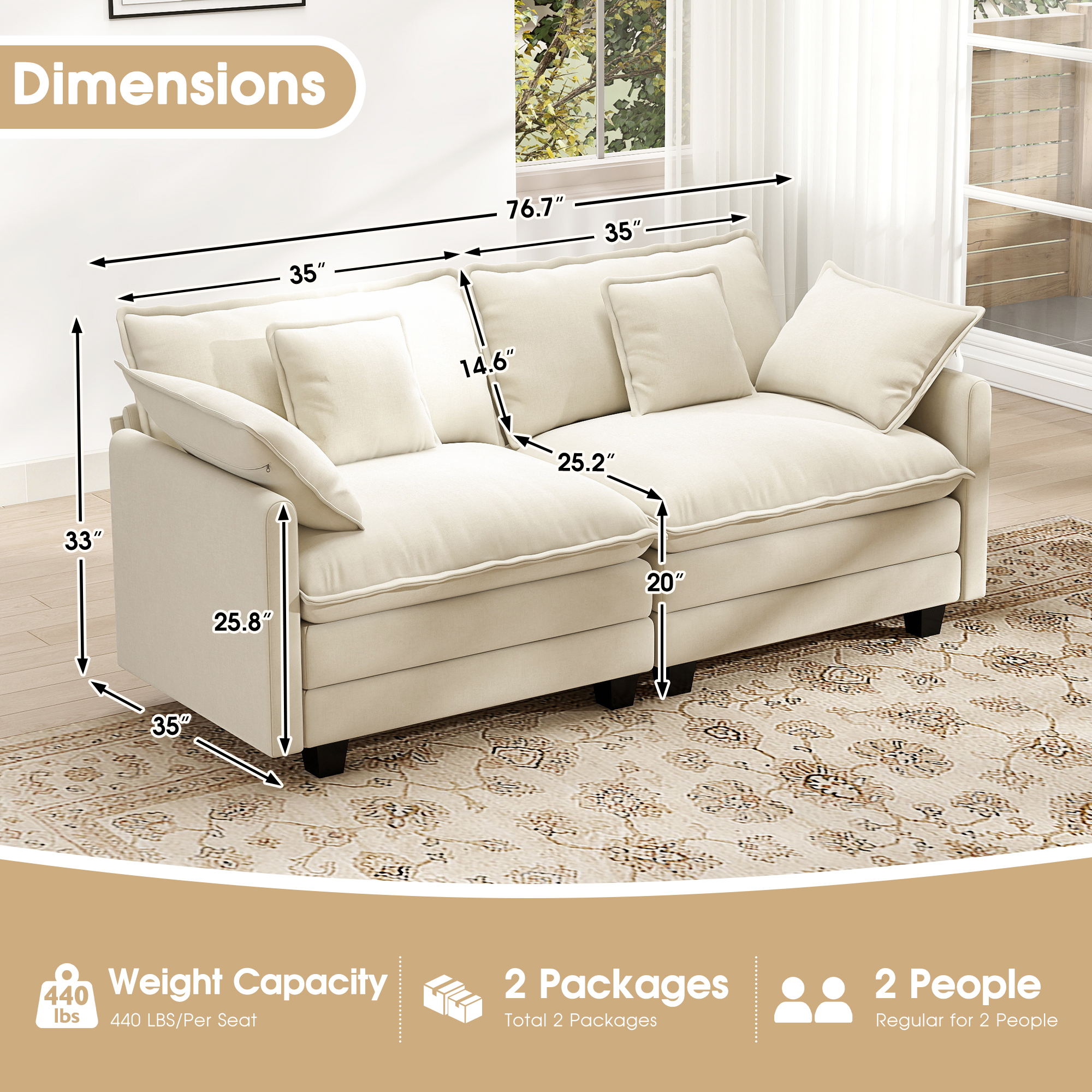 BedLuxury 76.7 in Cloud Chenille Loveseat Sofa, Beige photo 5