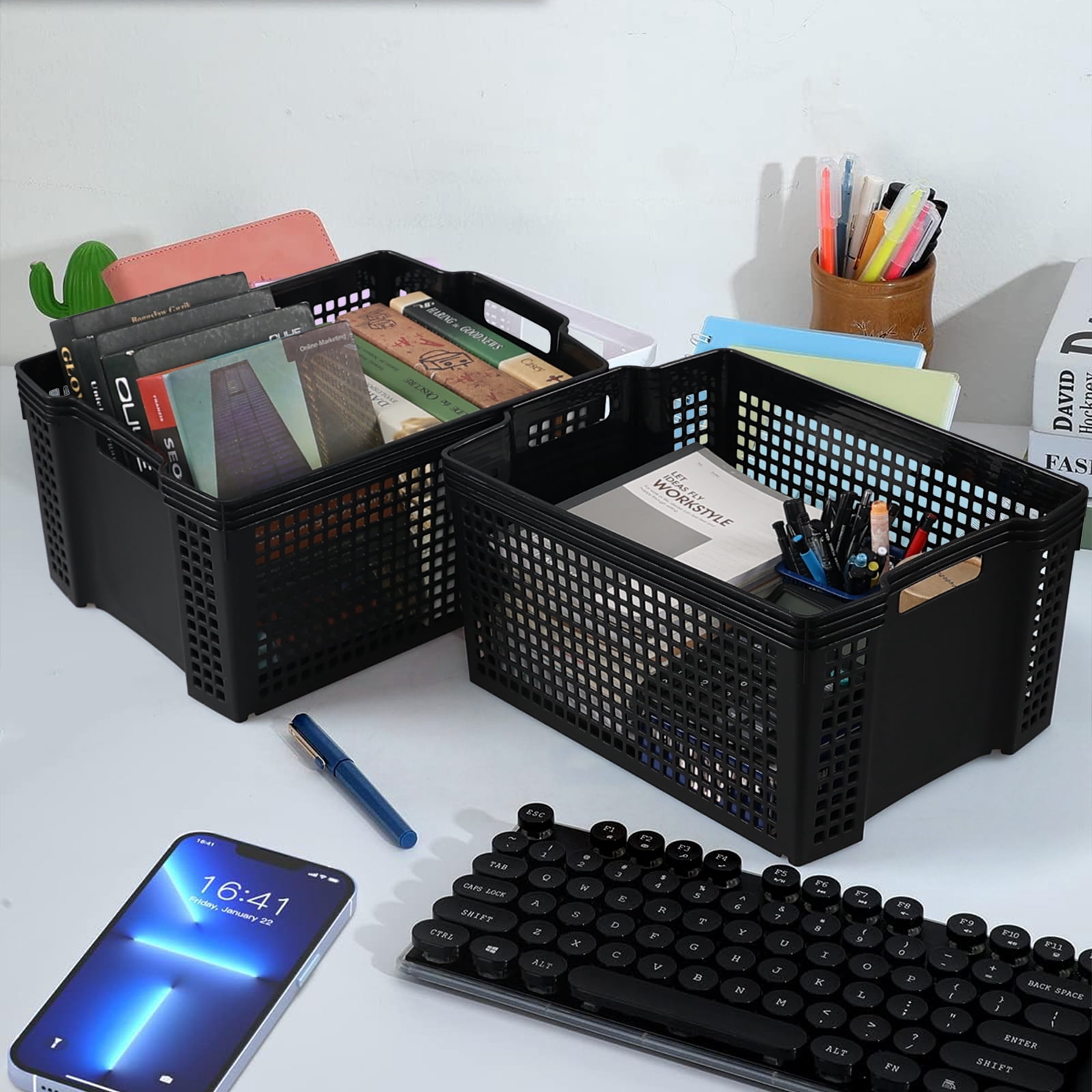 Fabnati Black Large Shelf Storage Basket, 6 Pack Stackable Plastic Organizing Basket Bin