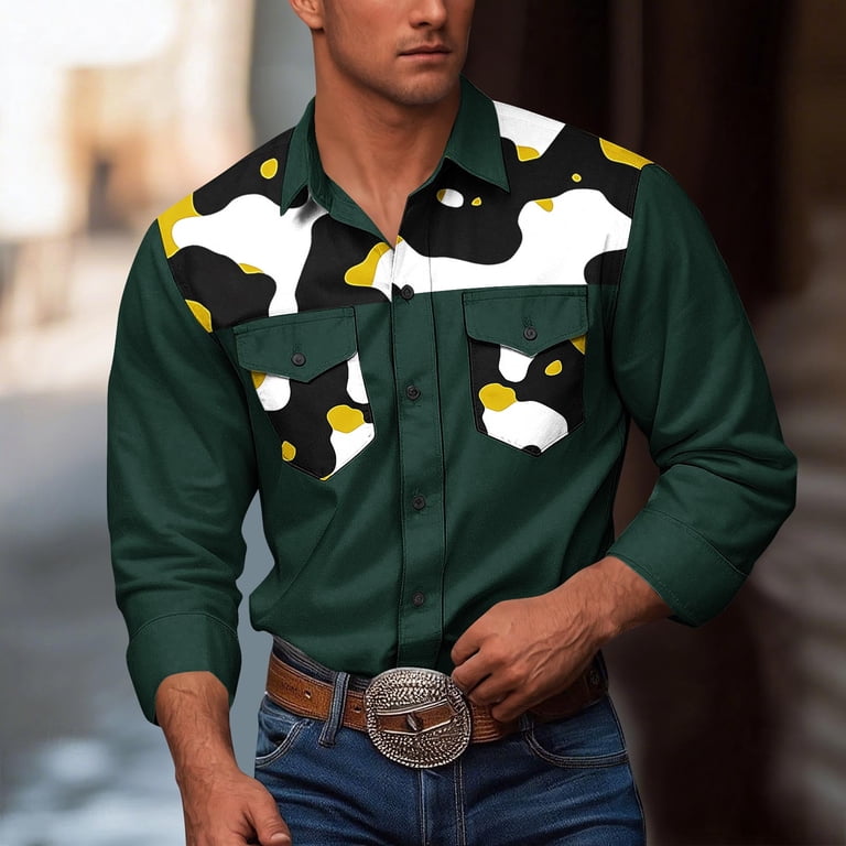 Haotags Mens Button Down Shirts, Printed Long Sleeve Cowboy Dress Shirts Casual Work Shirts Green XL, Men's