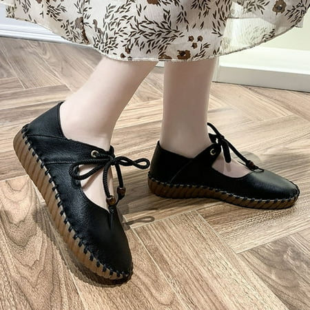 

ERTUTUYI Womens Shallow Mouth Round Toe Hollow Lace Up Single Shoes Comfortable Light Flat Casual Shoes Black 37