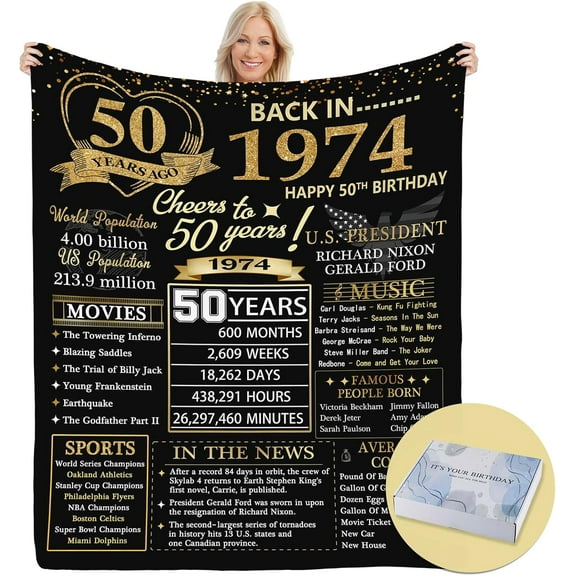 50th Birthday Gifts for Women Men, 1974 Birthday Gifts for Women Men, 50 Year Old Gift Blanket with Gift Box, Women Men 50th Birthday Gift Ideas, 50th Birthday Decorations for Women Men
