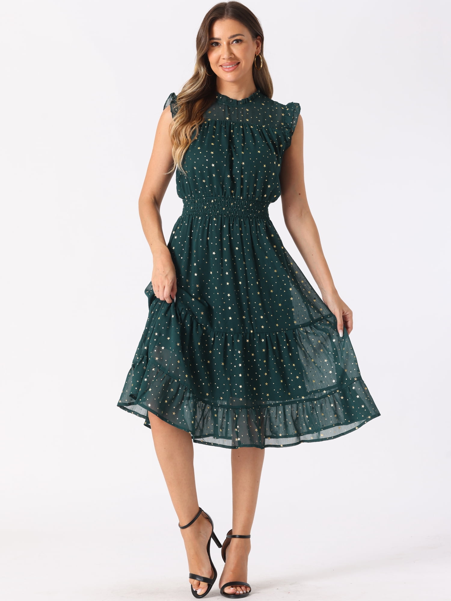 DARING DIVA Smocked Waist Gilding Metallic Stars Chiffon Dress XL Dark Green