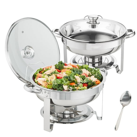 2-Packs Chafing Dish Buffet Set Chafing 4Qt Round Buffet Chafe Warmer Set Stainless Steel Chafer with Glass Lid Fuel Holder