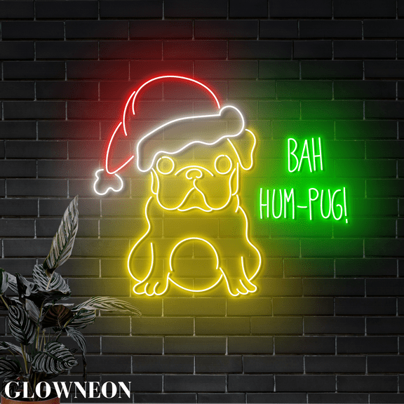 Glowneon Pug Dog Xmas Neon Wall Art, Christmas Pug Dog Led Wall Decor