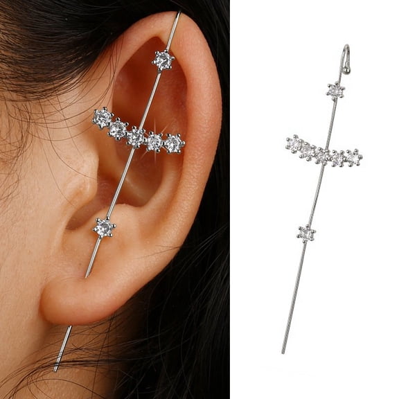 White Gold Plated Diamond Cut Ear Cuff Bar Earring With Cubic Zirconia