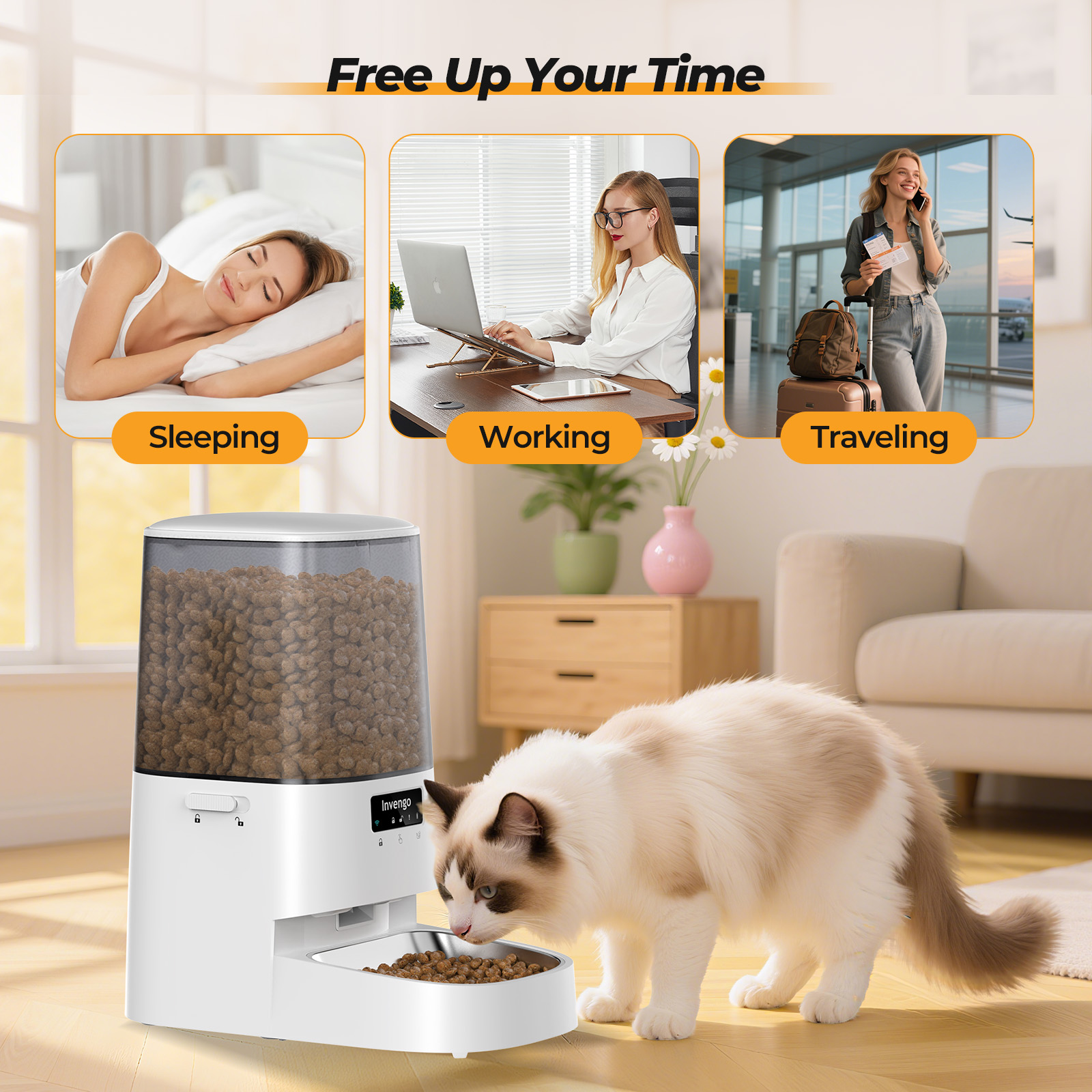 Automatic Cat Feeder, 5L Smart Dry Food Dispenser with 5G/2.4G WiFi App Control, Programmable Portions, Stainless Steel Bowl, White