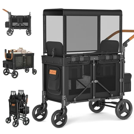 TouHeart Wagon Stroller for 2 Kids with Canopy, Removable Seats, 5-Point Harness, Black