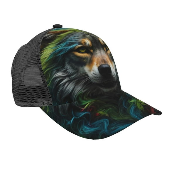 Zufioo Realistic Style Colorful Wolf Print Mesh Baseball Cap, Adjustable Sport Travel Hat Accessory for Men and Women