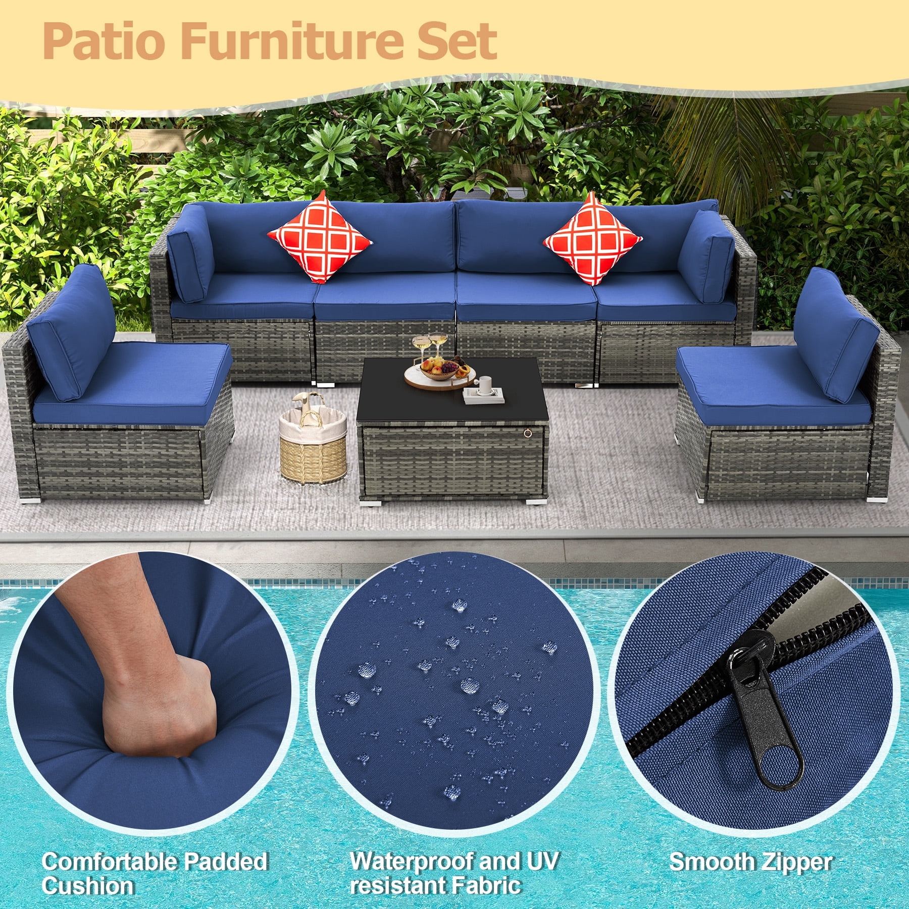 Homrest 7 Piece Patio Furniture Set with Adjustable Bracket All-Weather Wicker Conversation Set with Coffee Table for Porch Garden Backyard (Blue)