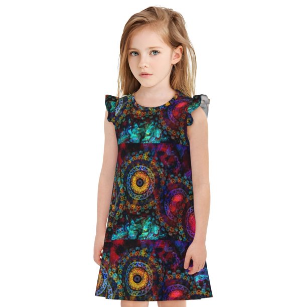 Balery Mandala Colorful Camisón de princesa para niñas, pijama de algodón con mangas abullonadas, suave y bonito.-Large