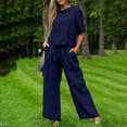 thumbnail image 2 of Pimfylm 2 Piece Sets for Women Summer Cap Sleeve Crop Top Wide Leg Pants Matching Lounge Set Vacation Beach Travel Outfits Navy, M, 2 of 7