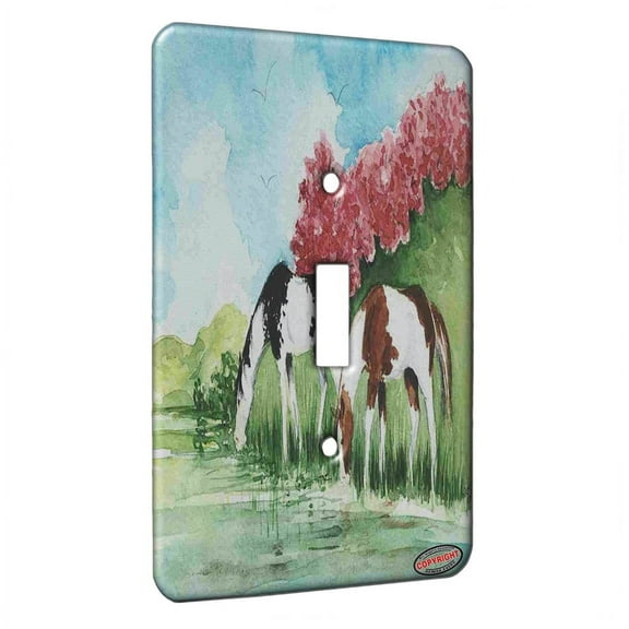 KuzmarK™ Single Gang Toggle Switch Wall Plate - Black and Sorrel Pinto Horses in Spring Horse Art by Denise Every