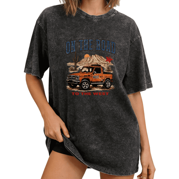 Cozymy Women's Western Desert Car Graphic Vintage Washed T-Shirt Short Sleeve Crewneck Distressed Relaxed Fit Road Trip Adventure Tee S-2XL